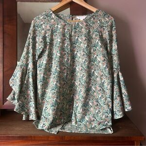 LC Lauren Conrad Woodland Animals/Floral Print Fluttering Bell Sleeve Top: SMALL